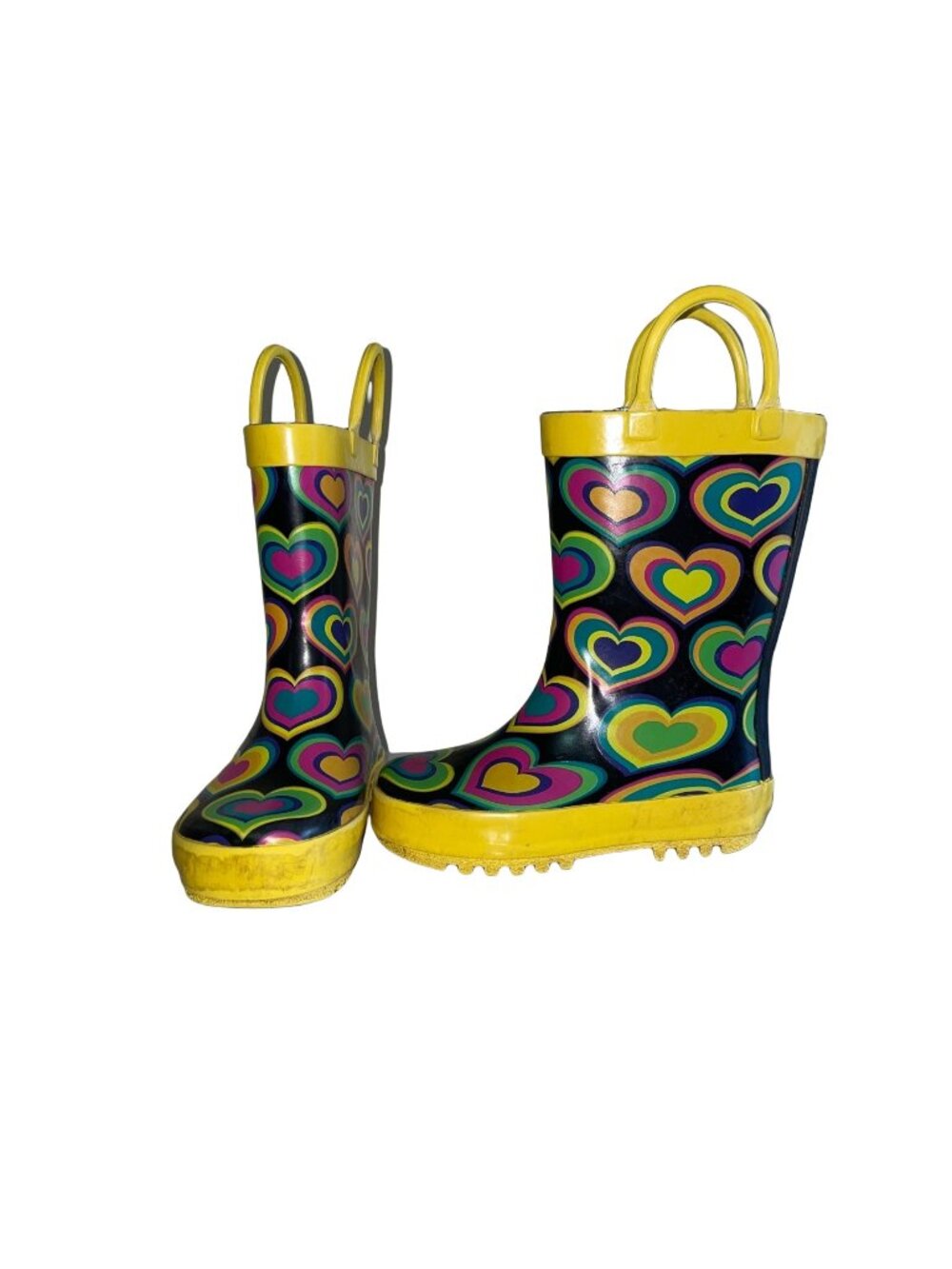 Kids Size 5 Heart Pattern Rain Boots Yellow Handles Soles Rubber Colorful Design
